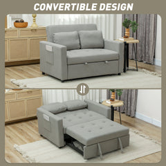 HOMCOM Loveseat Sofa Bed, Convertible Bed Settee with 2 Pillows, Side Pockets, Light Grey