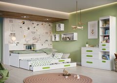 The kids under bed drawer pulled out in a green bedroom with matching furniture and wall decor