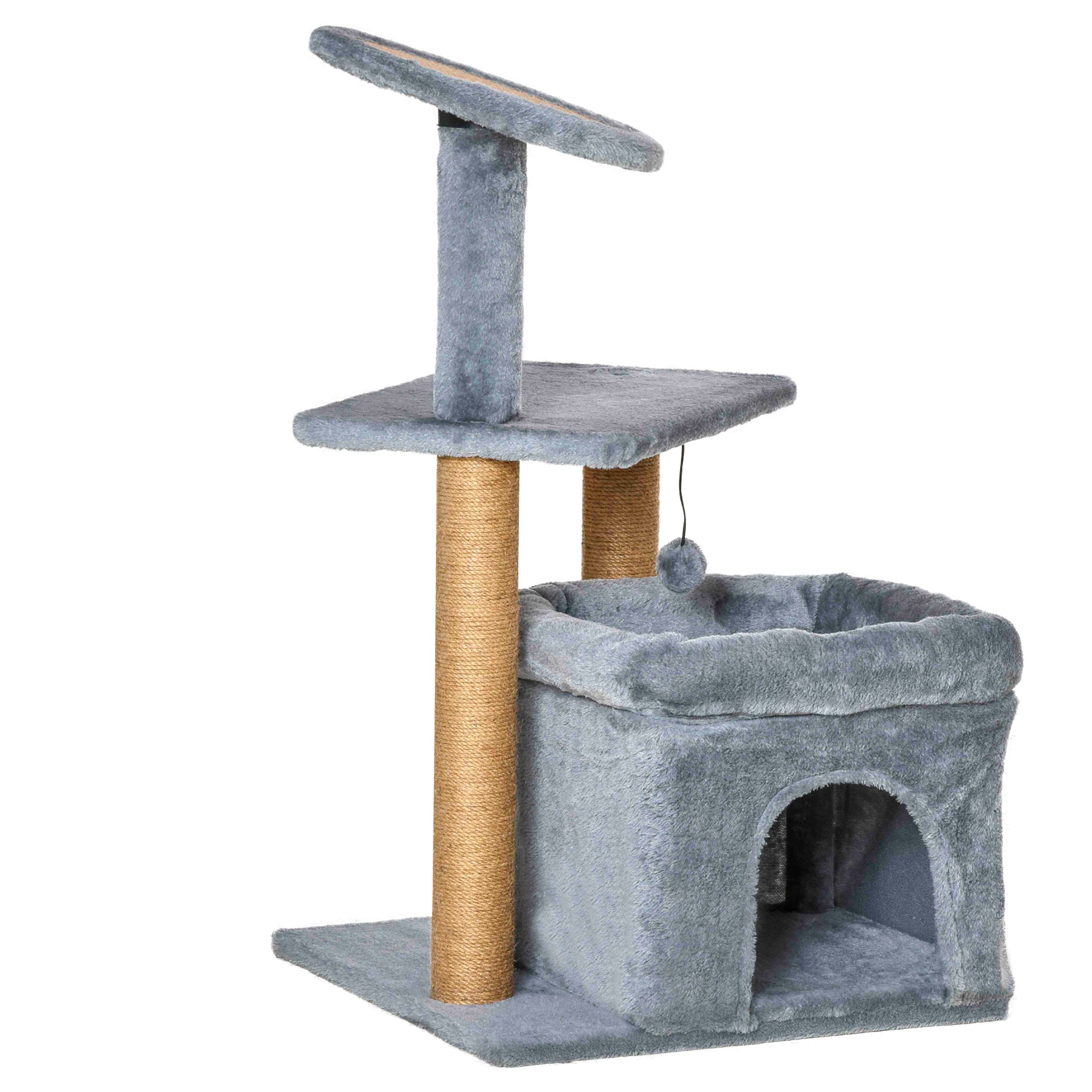 PawHut Cat Tree Tower for Indoor Cats, Cat Scratching Post with Bed, Cat House, Scratching Pad, Perch, Interactive Ball Toy 48 x 48 x 84cm, Grey