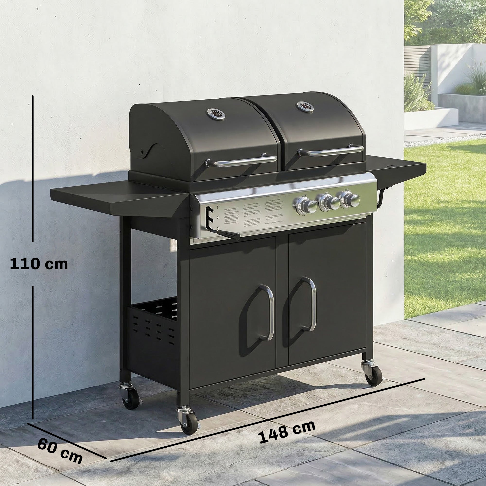 Outsunny 2+1 Burner Hybrid Dual Fuel BBQ Gas Grill, 2-in-1 Propane & Charcoal Barbecue Grill Smoker Combo with Wheels, Black