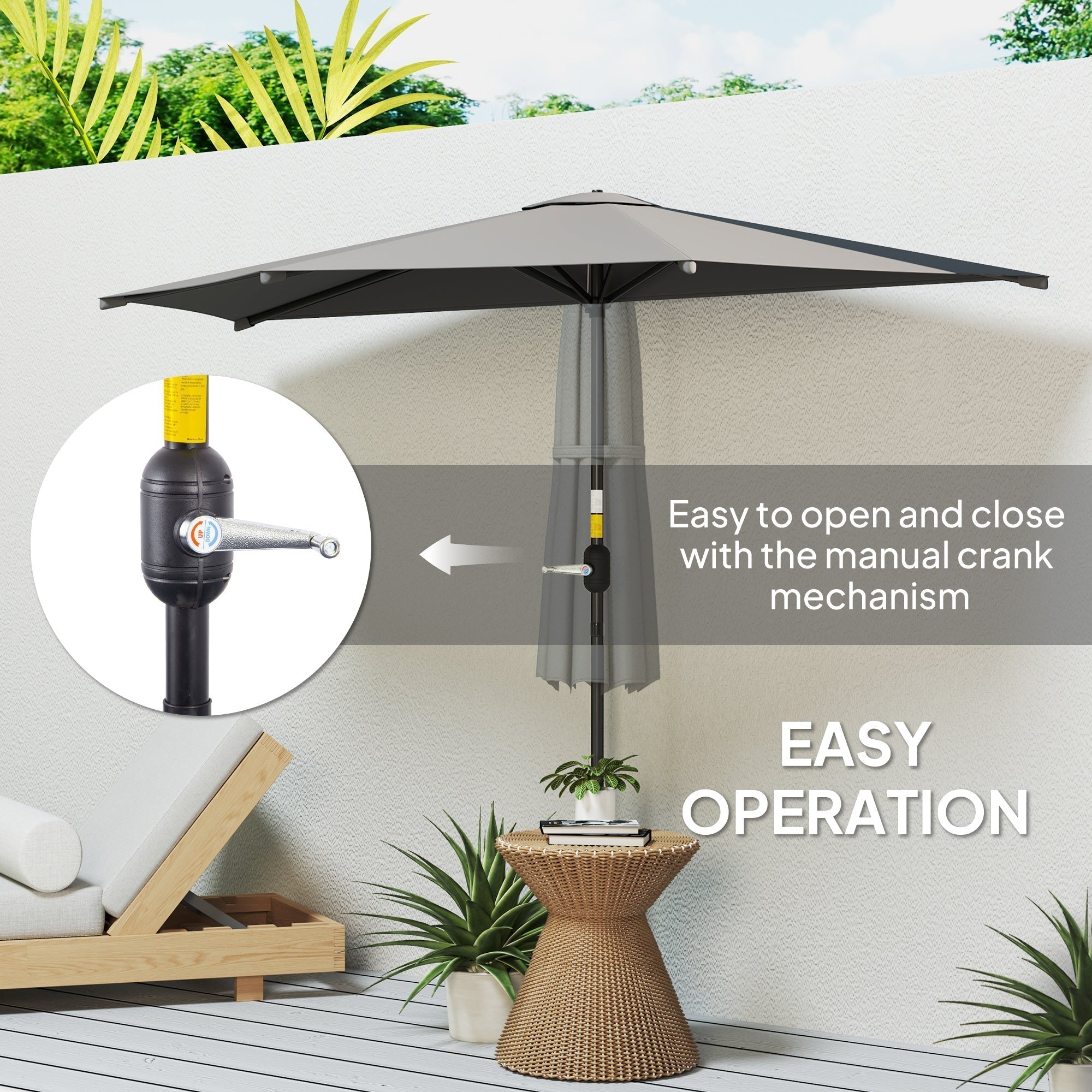 Outsunny 3(m) Half Parasol, Semi Round Umbrella with Metal Frame, Crank Handle for Balcony, Garden, Dark Grey