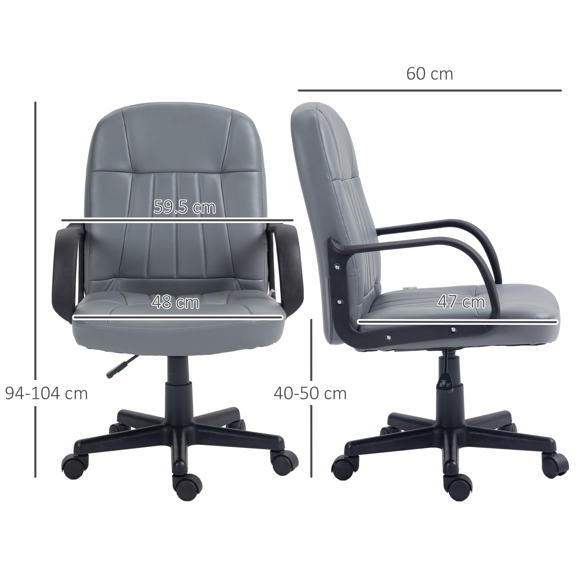 HOMCOM Office Chair, PU Leather Computer Desk Chair with Adjustable Height, Swivel Wheels for Home Office Work Study, Grey