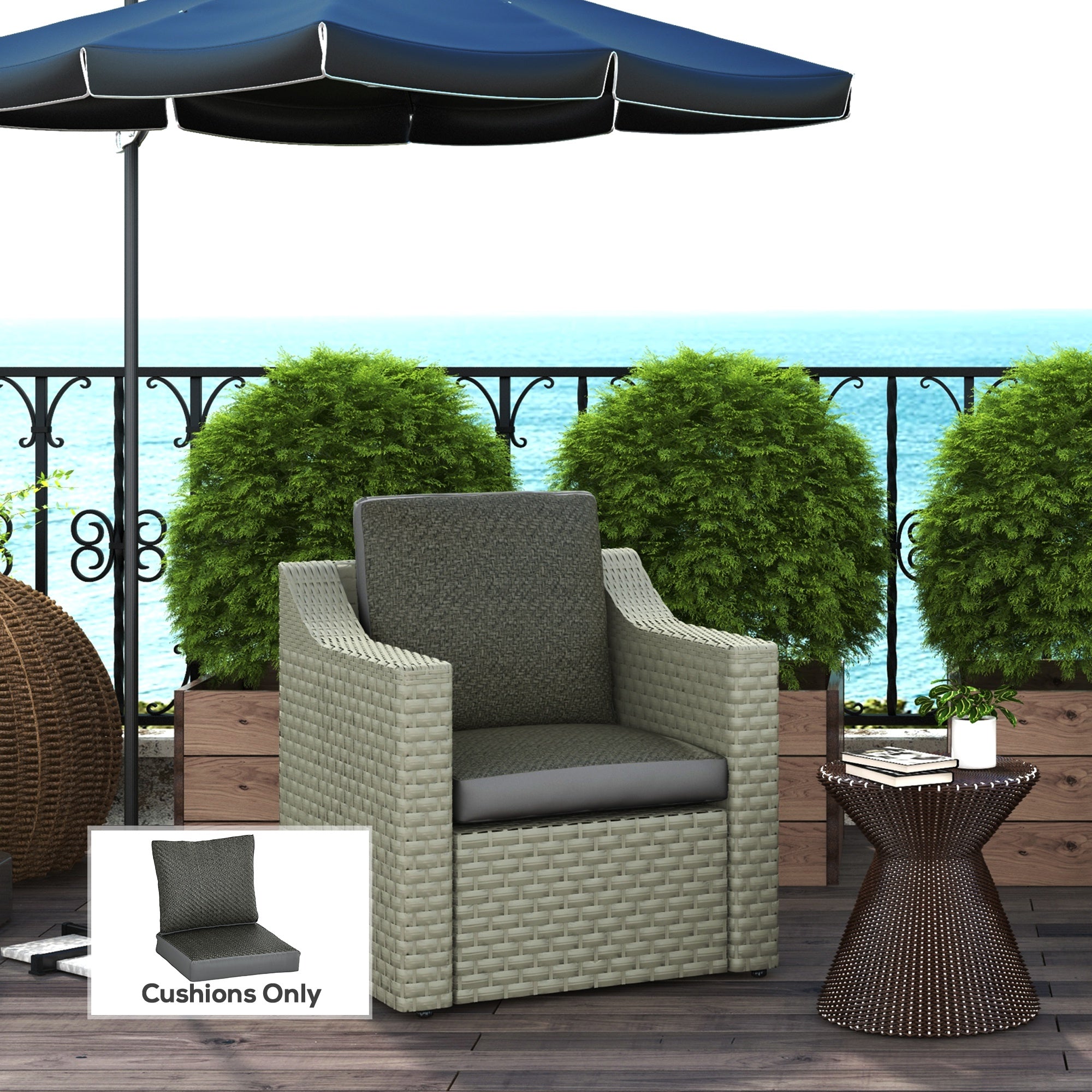 Outsunny 2-Piece Back and Seat Cushion Pillows Replacement, Fabric and PE Rattan Patio Chair Cushions Set, Grey