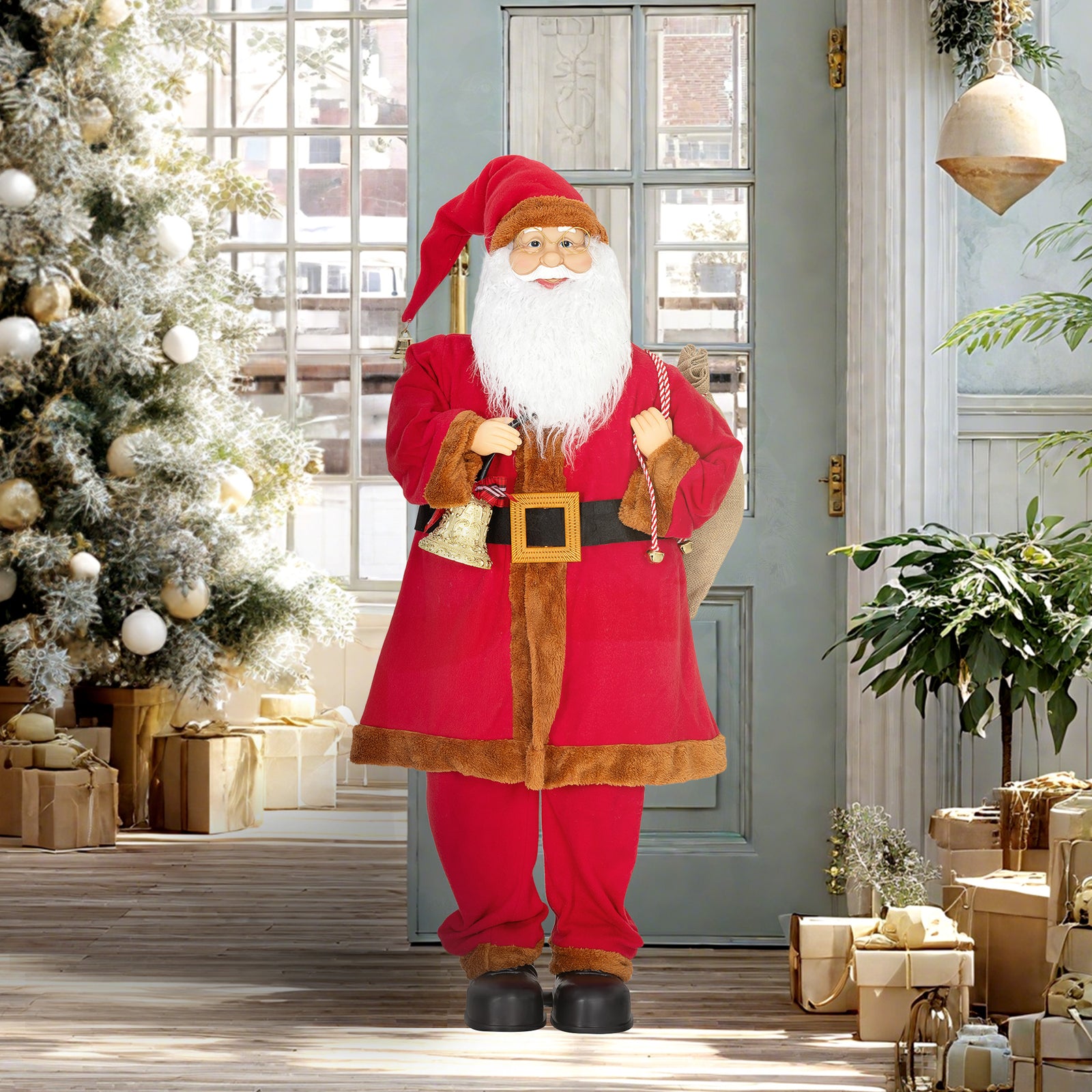 HOMCOM 4ft Singing Santa Claus Figure with with Waving Head- Red