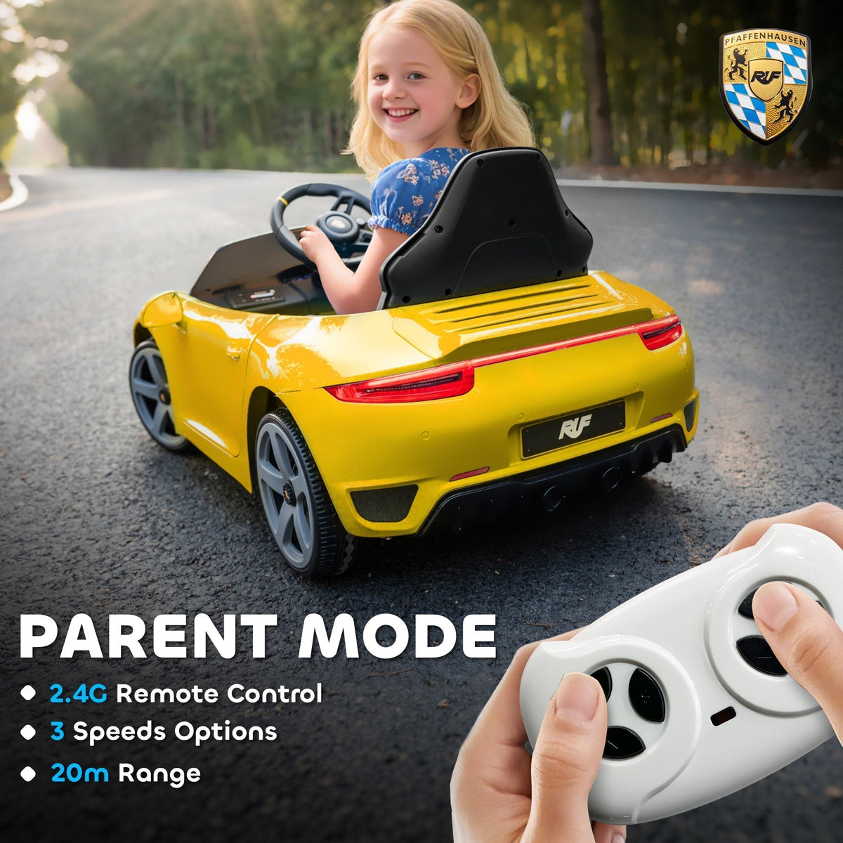 AIYAPLAY Kids Electric Car, 12V Licensed RUF GT Ride on Car with Suspension, Remote Control, Music for 3-5 Years Yellow