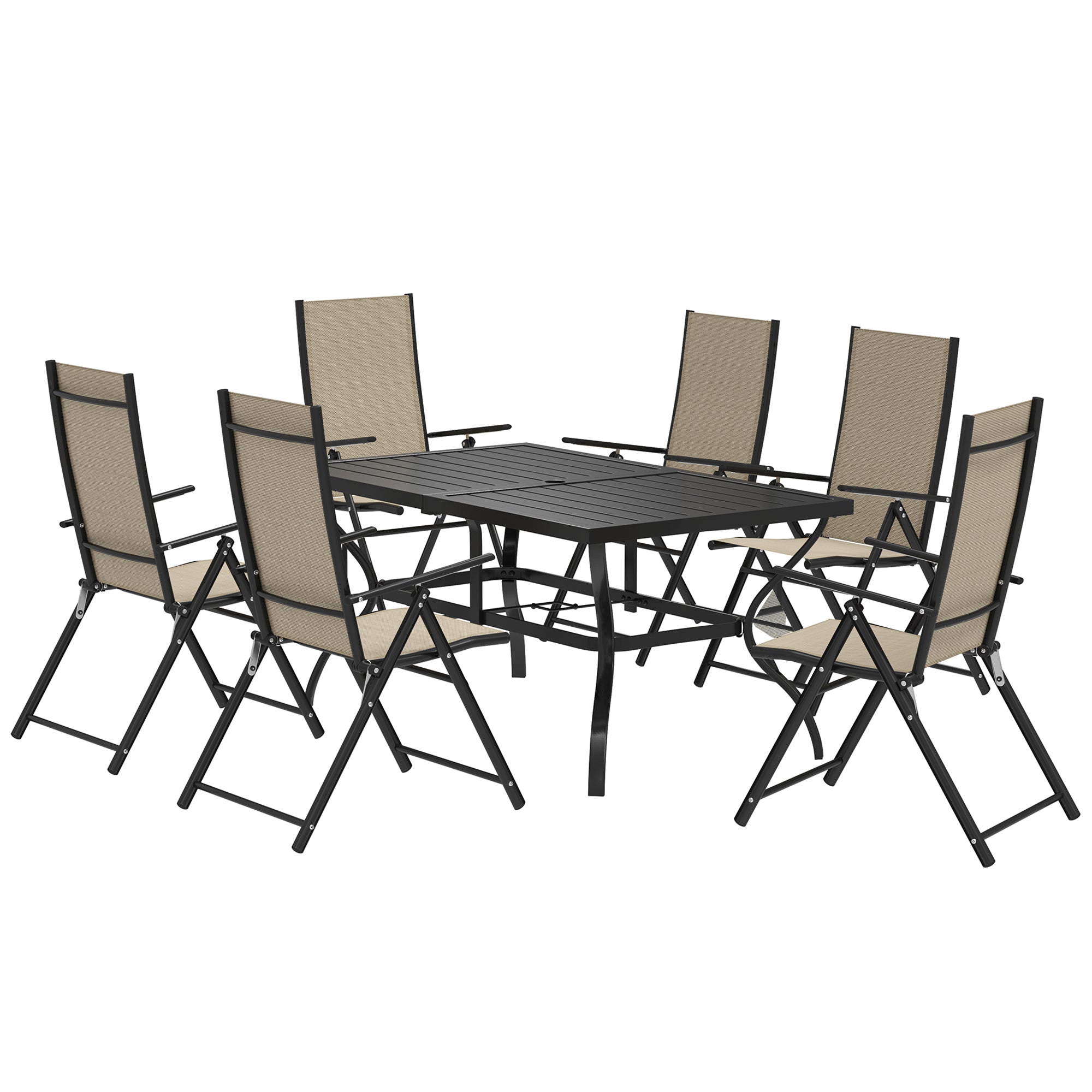 Outsunny Seven-Piece Steel Outdoor Dining Set, with Parasol Hole - Khaki