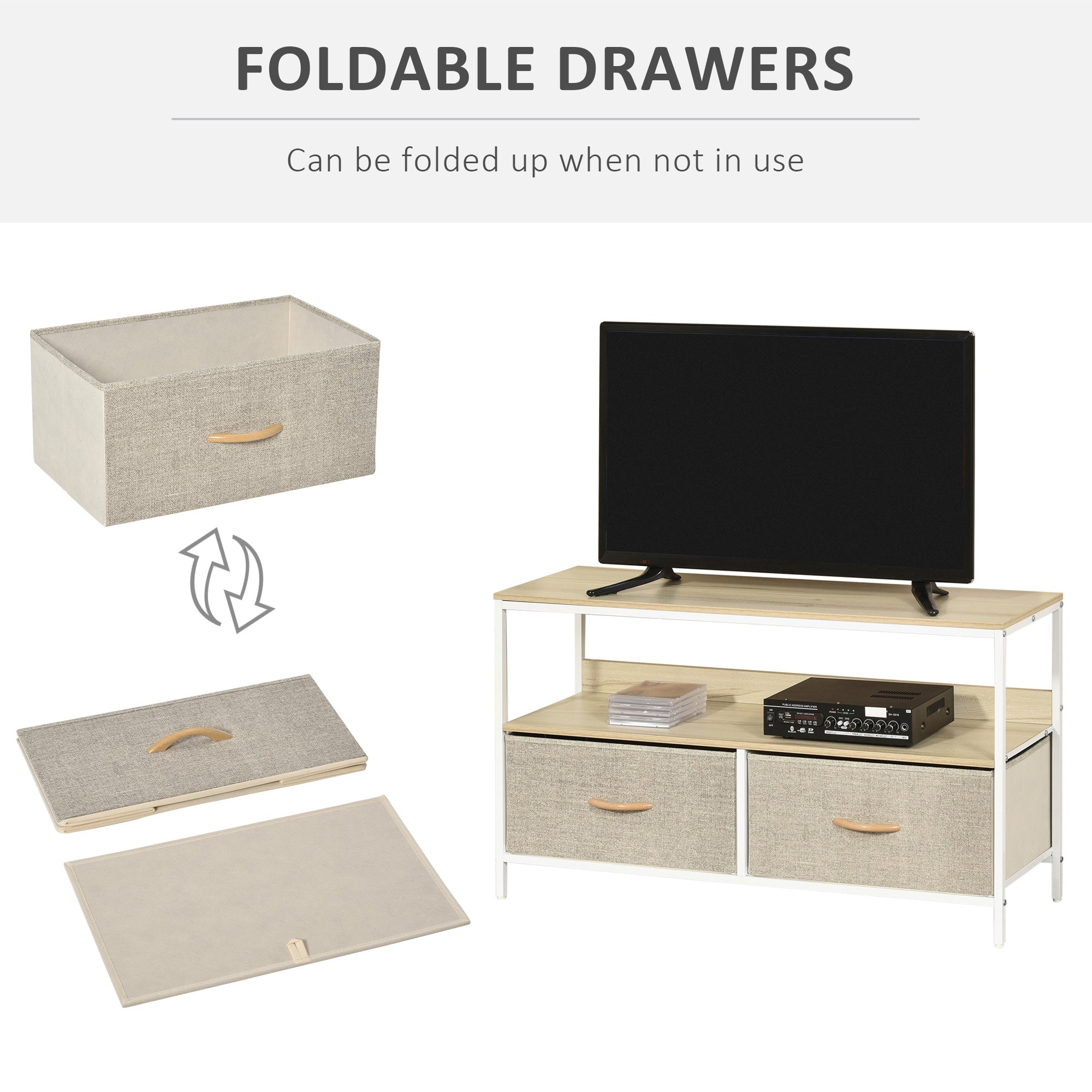 HOMCOM TV Stand Cabinet with 2 Foldable Drawers - Maple Colour