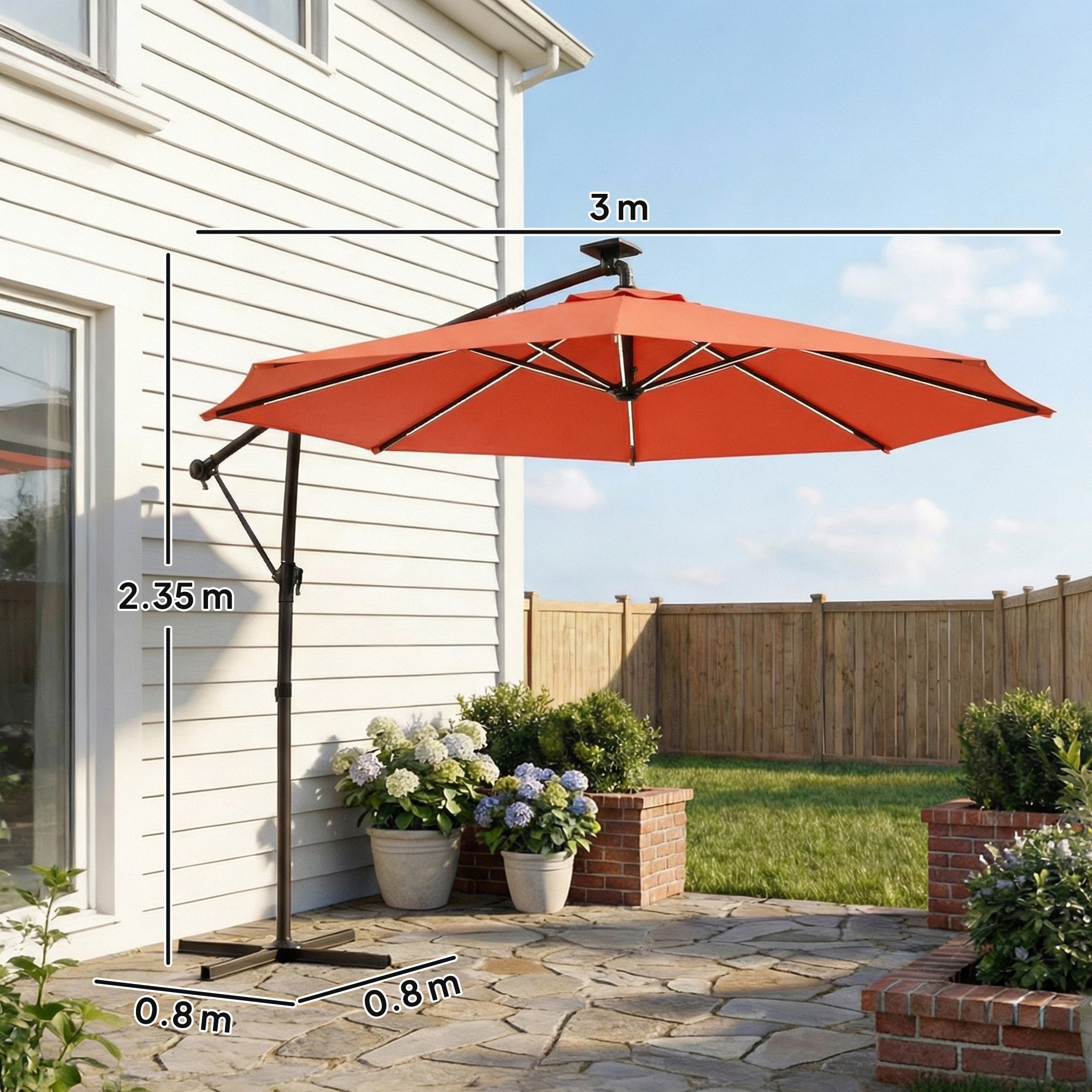 Outsunny 3 m Garden Cantilever Parasol with LED Solar Light, Round Overhanging Umbrella with 360Â° Rotation, Cover, Orange