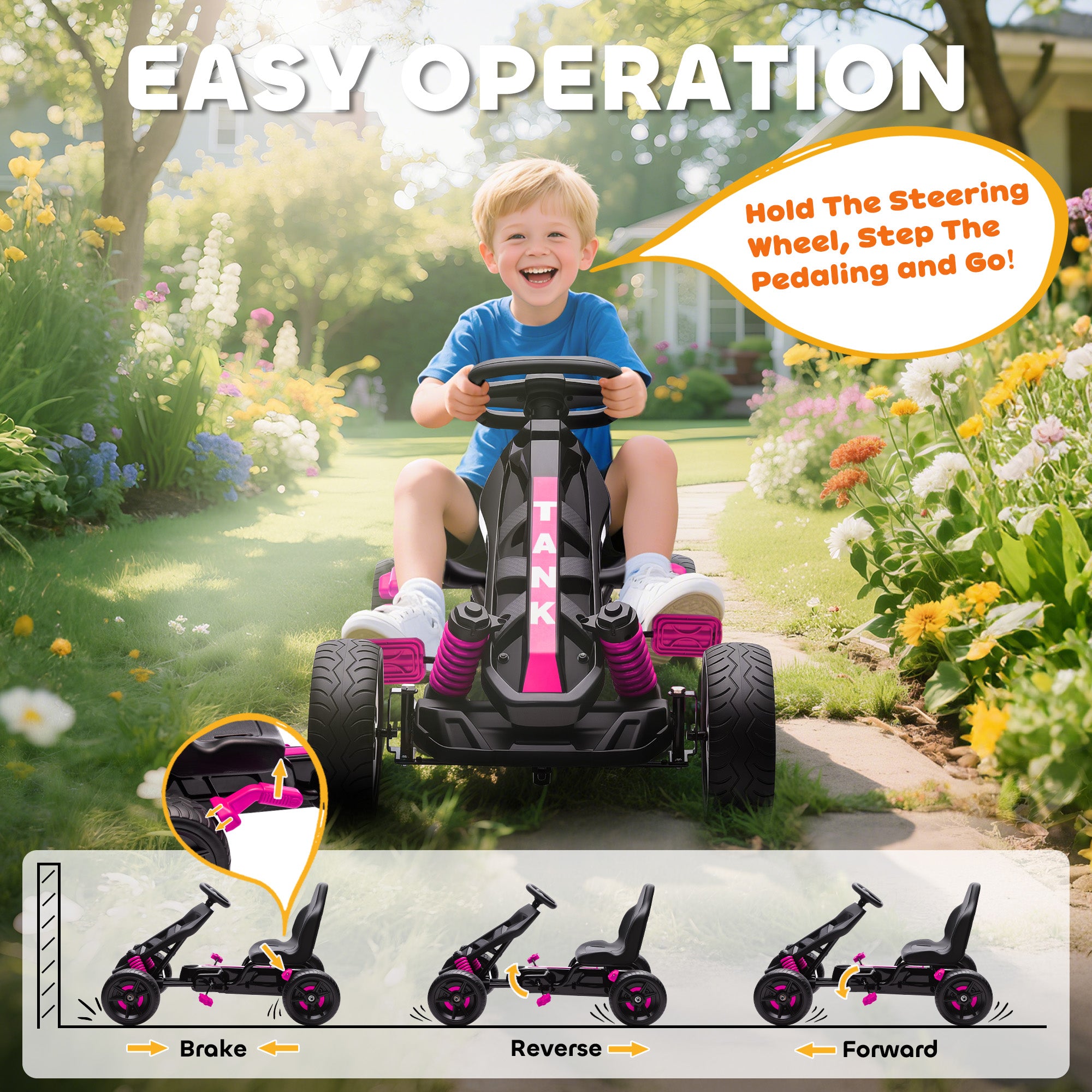 AIYAPLAY Pedal Go kart for Kids Ages 3-6 Years, with Automatic Clutch, Brake, EVA Anti-Slip Wheels, Pink