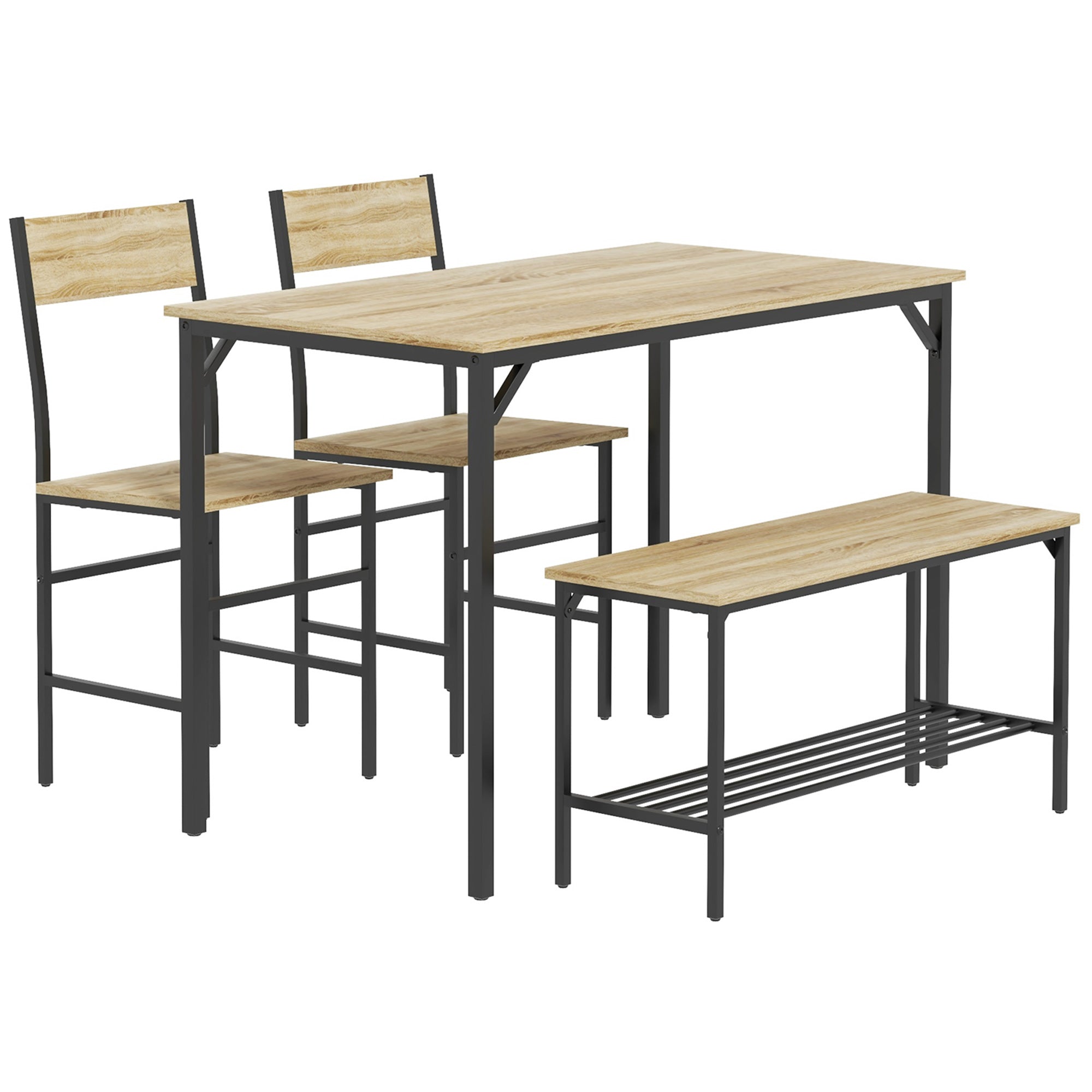 HOMCOM Square Dining Set for 4 Persons, Table, Chairs and Bench Included, Natural Wood Effect