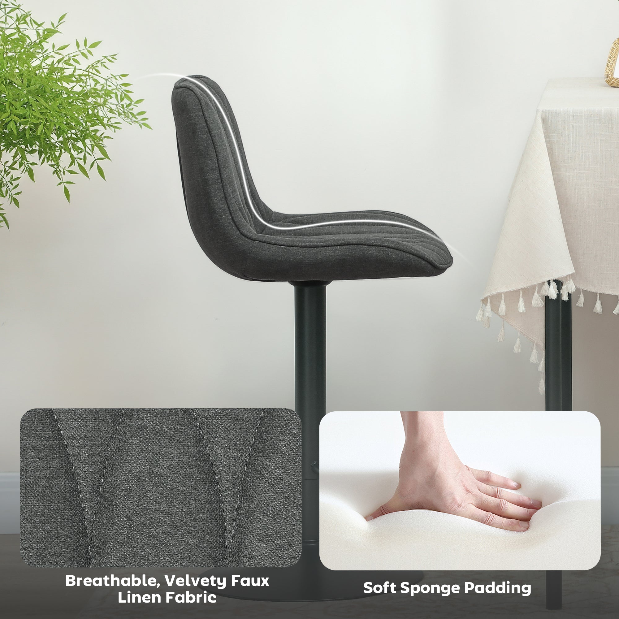 HOMCOM Set of Two Linen-Look Bar Stools - Charcoal Grey