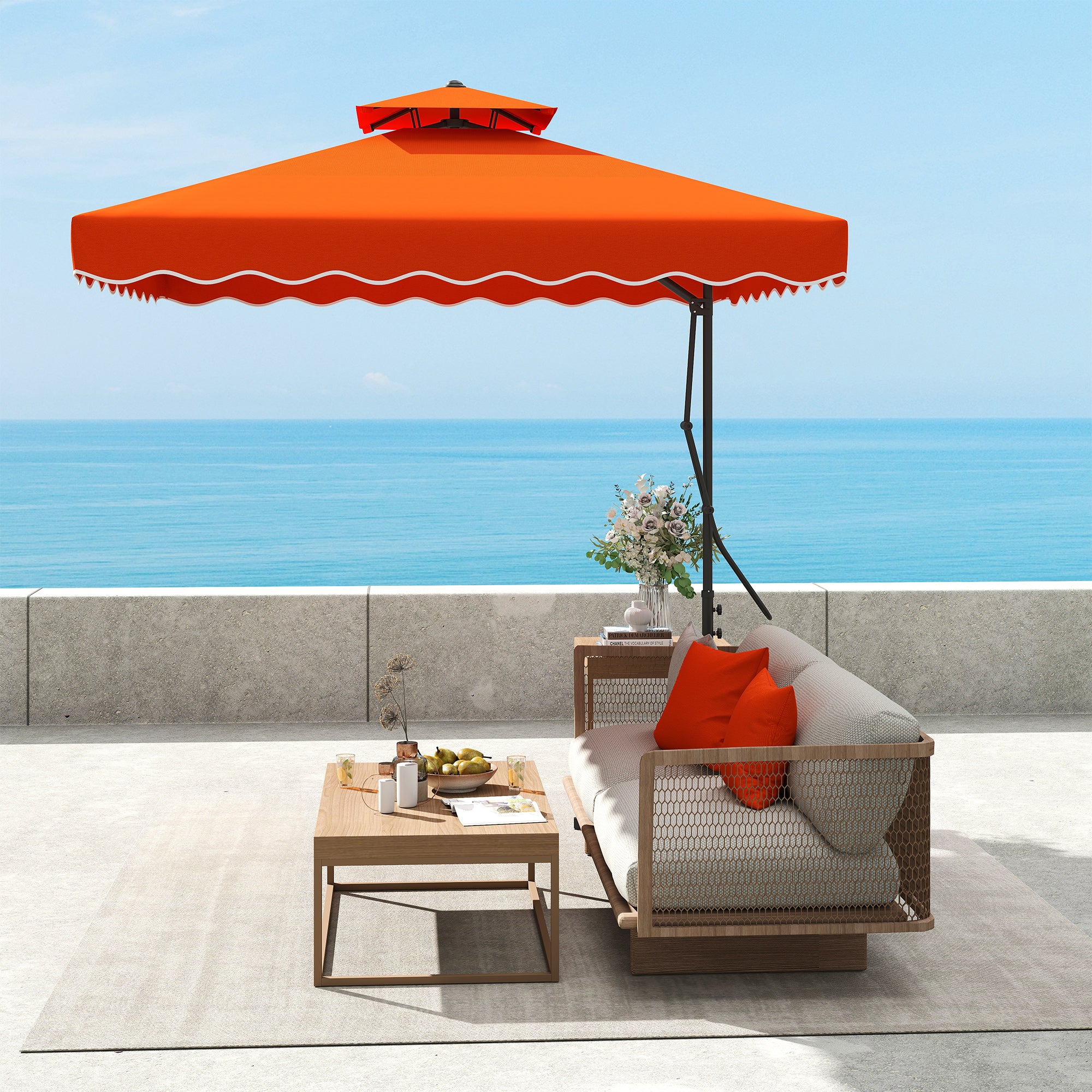 Outsunny 2.5m Cantilever Parasol with Easy Lever, Square Double Top Garden Parasol Umbrella with Ruffles and Cross Base, Overhanging Outdoor Sun Shades, Orange