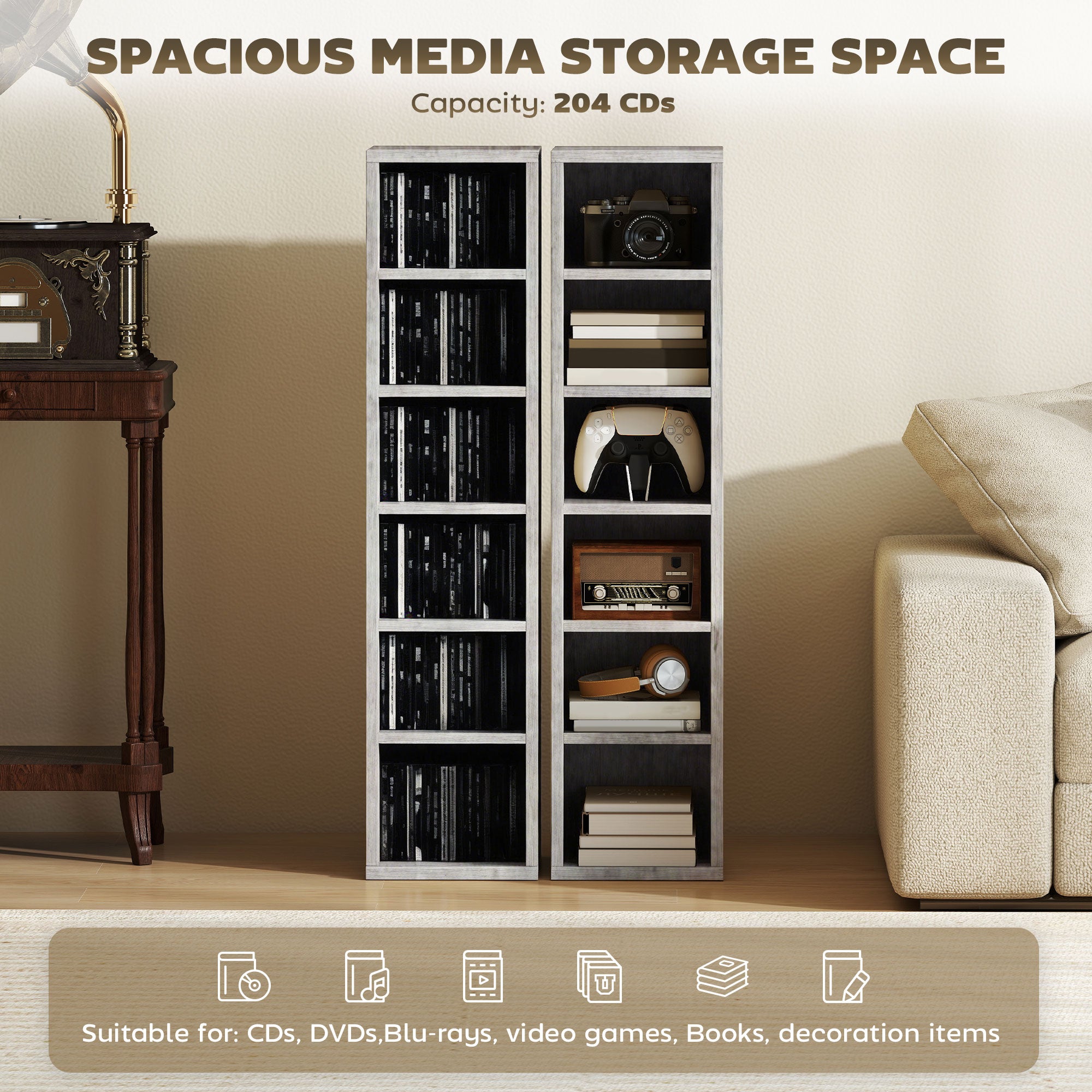 HOMCOM Set of 2 CD Media Display Shelf Unit Tower Rack with Adjustable Shelves, Grey