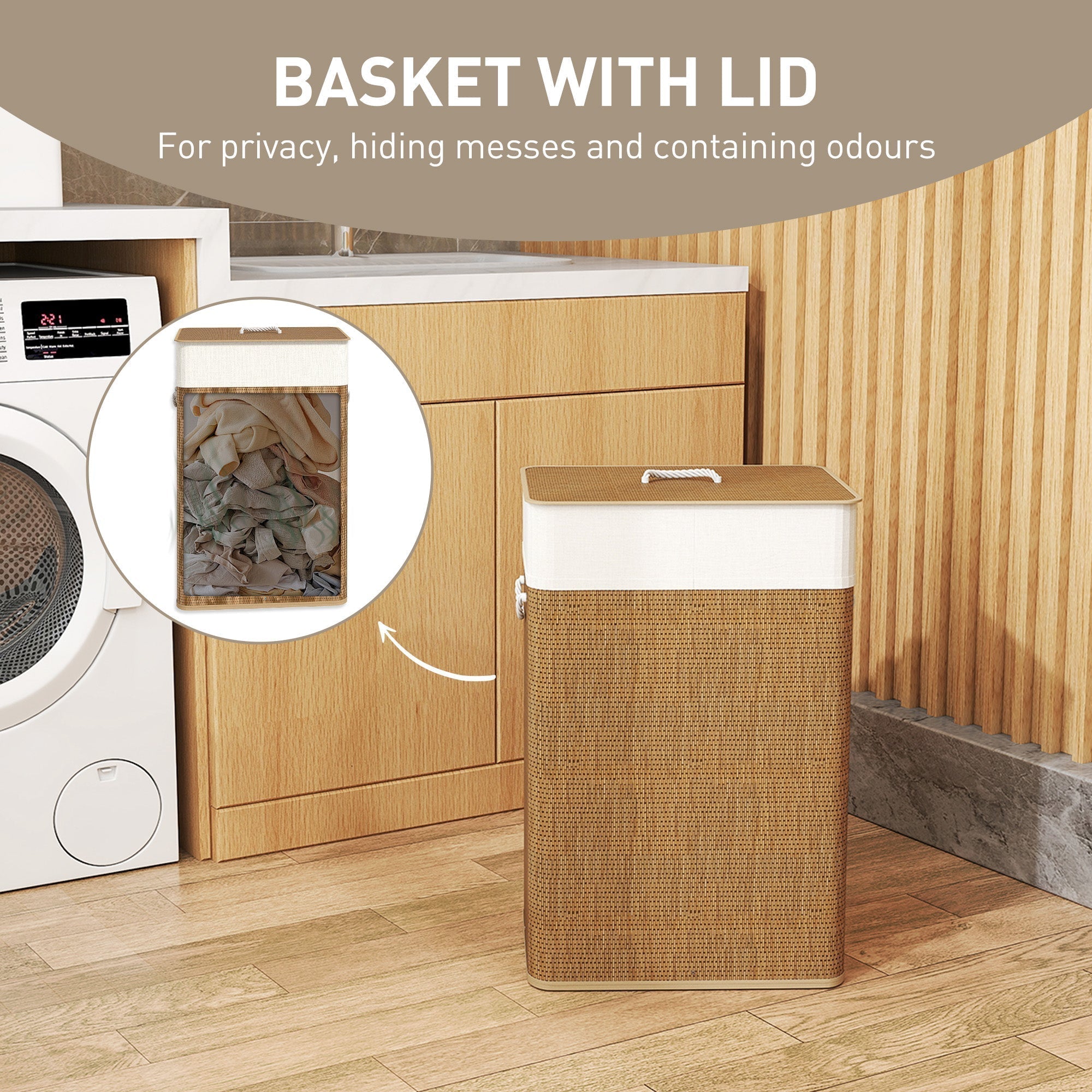 HOMCOM Bamboo Laundry Basket with Lid, 72L Laundry Hamper with Rope Handles, Washing Basket with Removable Washable Liner Bag for Bathroom, Bedroom, Brown