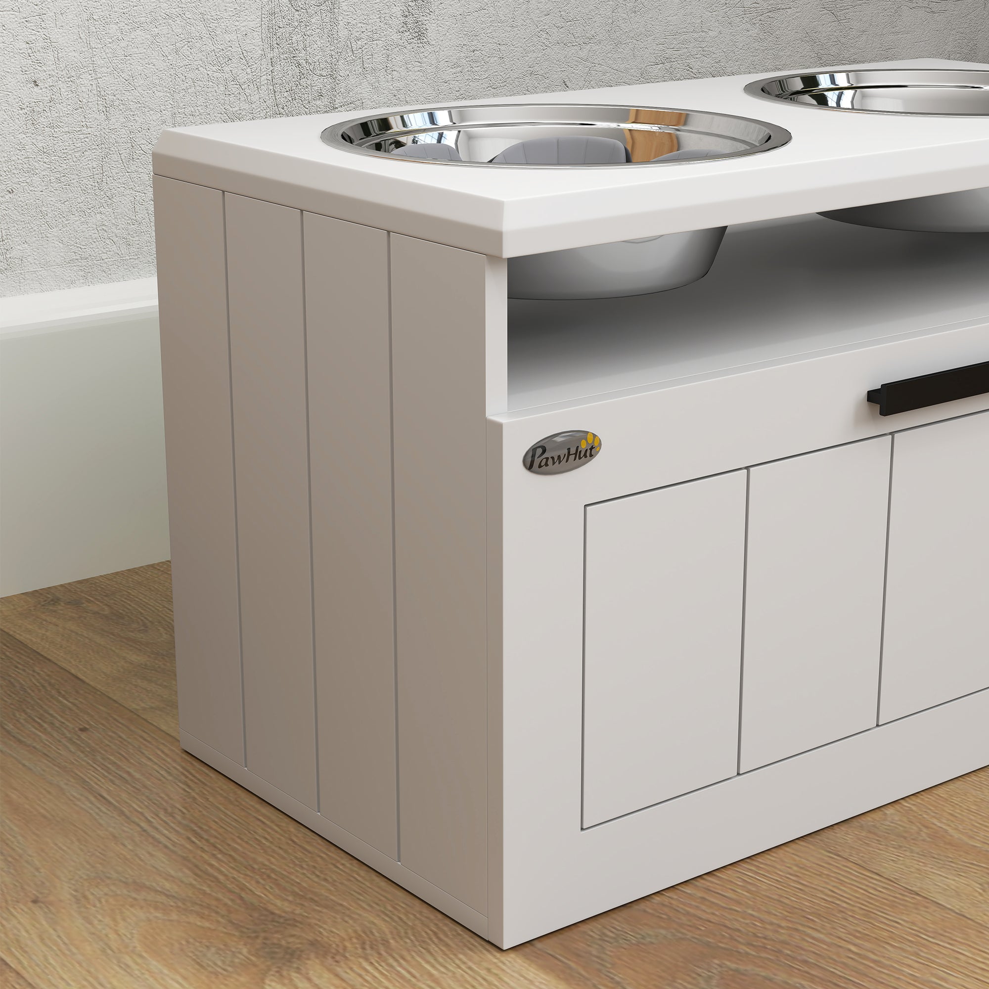 PawHut Raised Dog Bowl with Slow Feeder, Two Stainless Steel Dog Bowls, Drawer, for Large and Extra Large Dogs, White