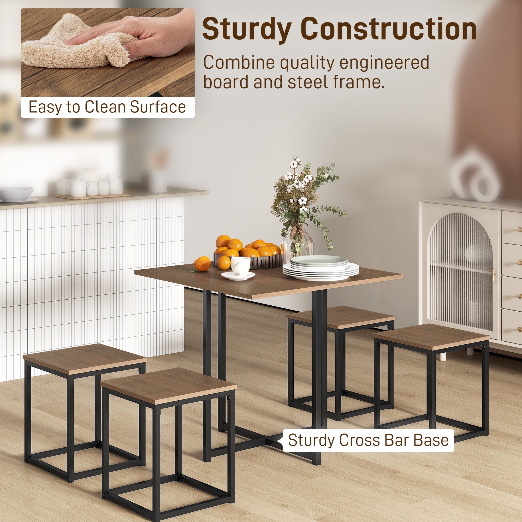 HOMCOM 5 Piece Dining Table and Chairs Set 4, Industrial Space Saving Table and Chairs with Metal Frame, Square Kitchen Table and Stools for Dining Room, Brown