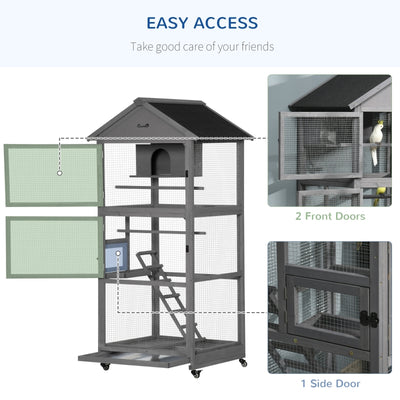 PawHut Bird Cage Mobile Wooden Aviary House with Wheel Perch Nest Ladder Tray