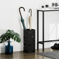 HOMCOM Steel Umbrella Stand, Square Umbrella Holder with 4 Hooks and Removable Drip Tray, Hollowed Umbrella Basket for Hallway, Black