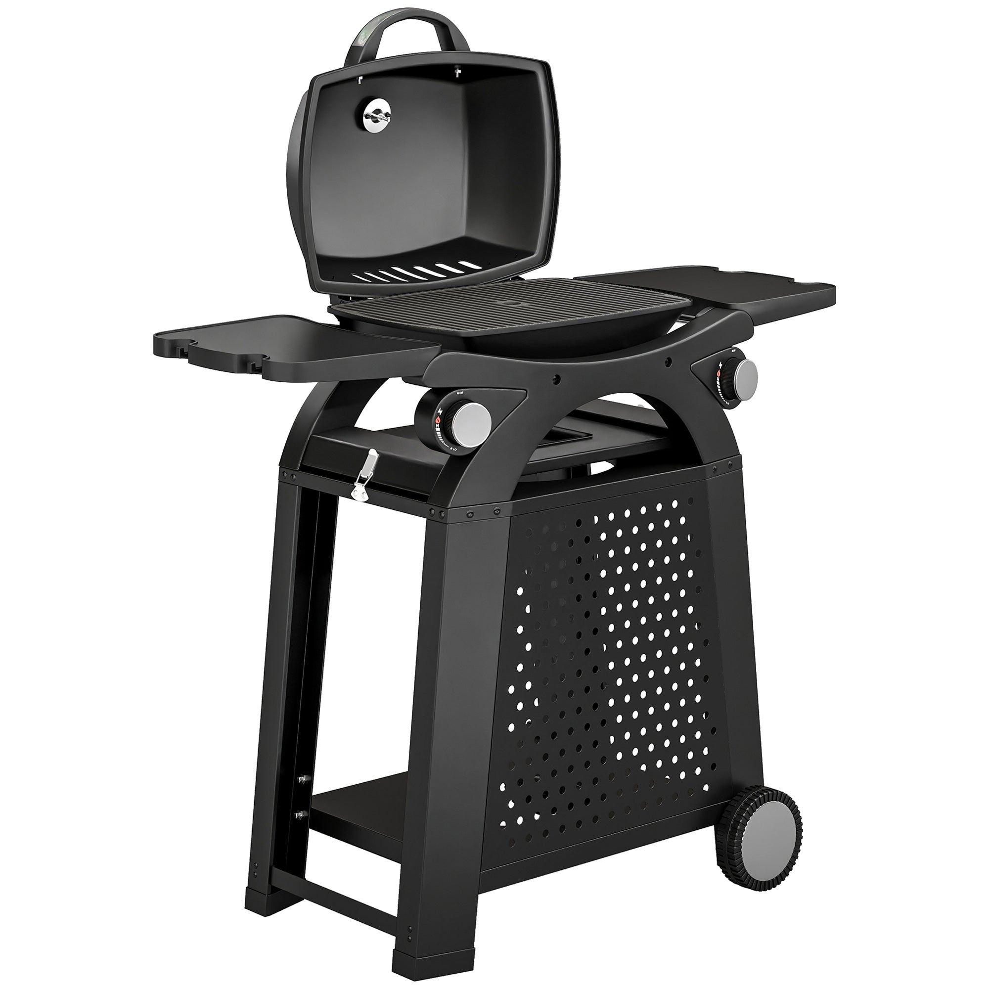 Outsunny 2 Burner Gas Grill with 2 Side Tables, 3.8 KW Barbecue Grill with Cast Iron Grates, 2-in-1 Tabletop BBQ with Wheels