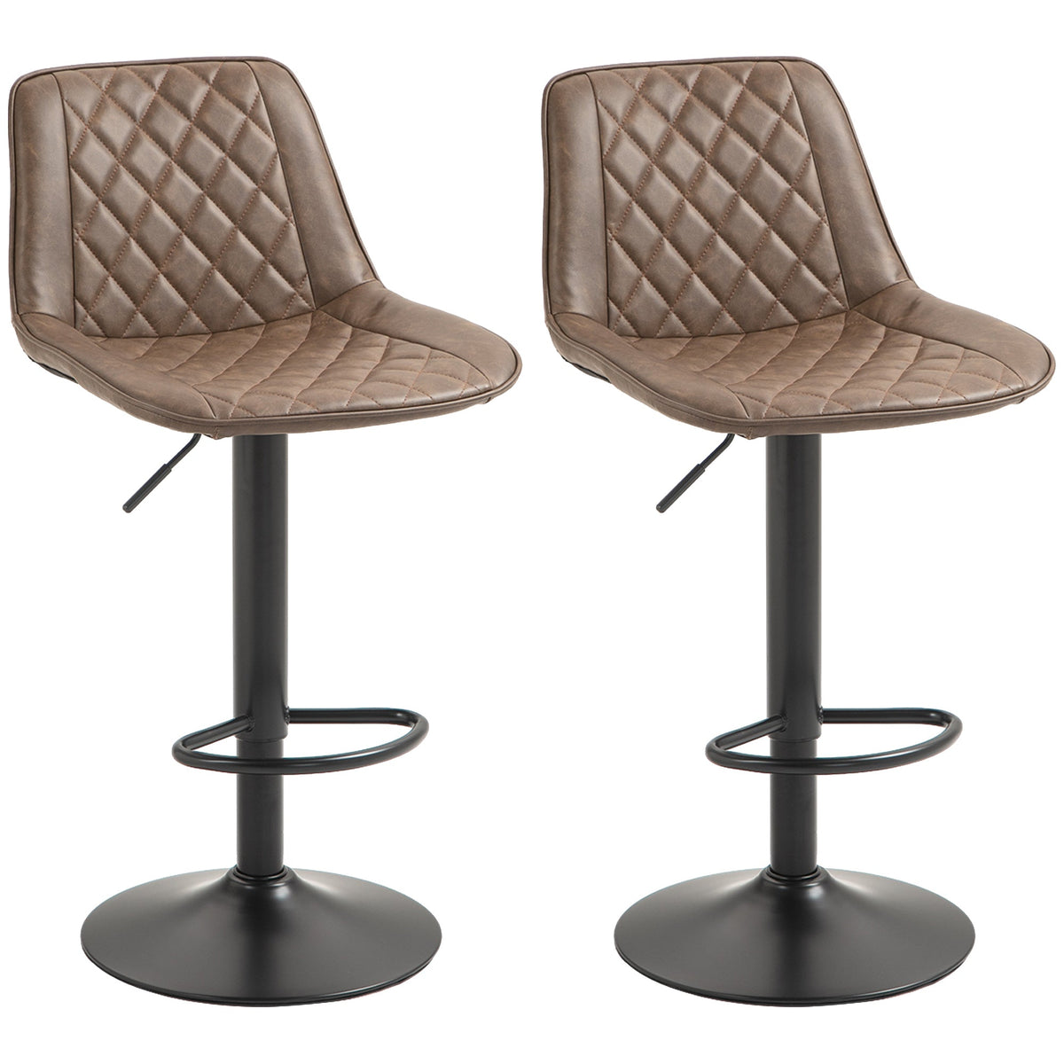 HOMCOM Bar Stools Set of 2, Retro Adjustable Kitchen Stool, Swivel PU Leather Upholstered Bar Chairs with Back, Footrest and Steel Base, Brown