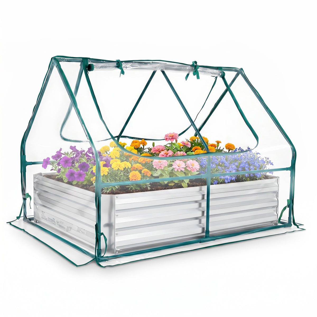 Raised Garden Bed with 2 Large Screen Windows for Flowers Vegetables-Silver