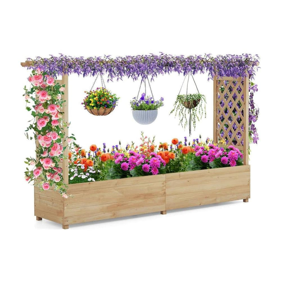 Raised Garden Bed with 2-Sided Trellis and Hanging Roof-Natural