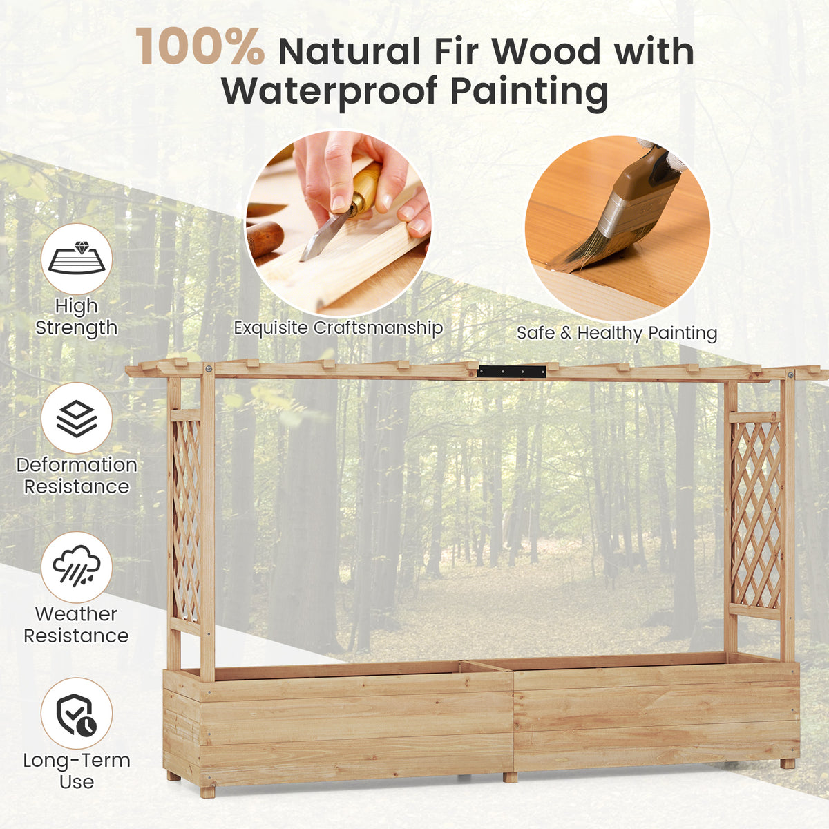 Raised Garden Bed with 2-Sided Trellis and Hanging Roof-Natural
