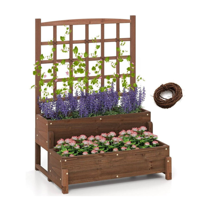 Raised Garden Bed with Lattice Trellis and Drainage Holes-Rustic Brown