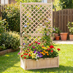 Raised Garden Bed with Trellis Wood Planter Box with Diamond Lattice Trellis-Natural