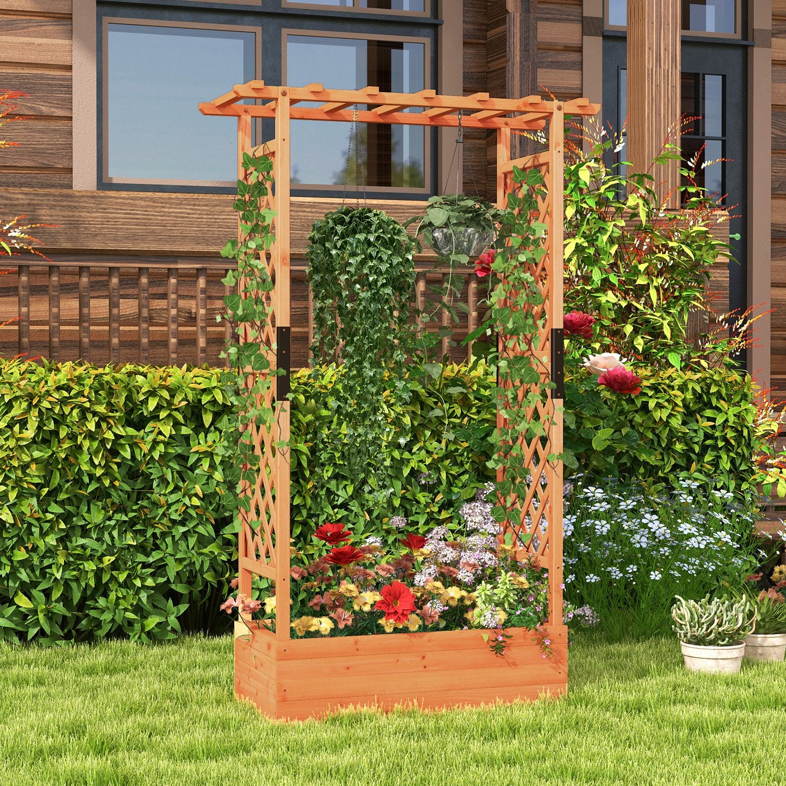 Raised Garden Bed Fir Wood Planter Box with 2-Sided Trellis and Hanging Roof-Orange