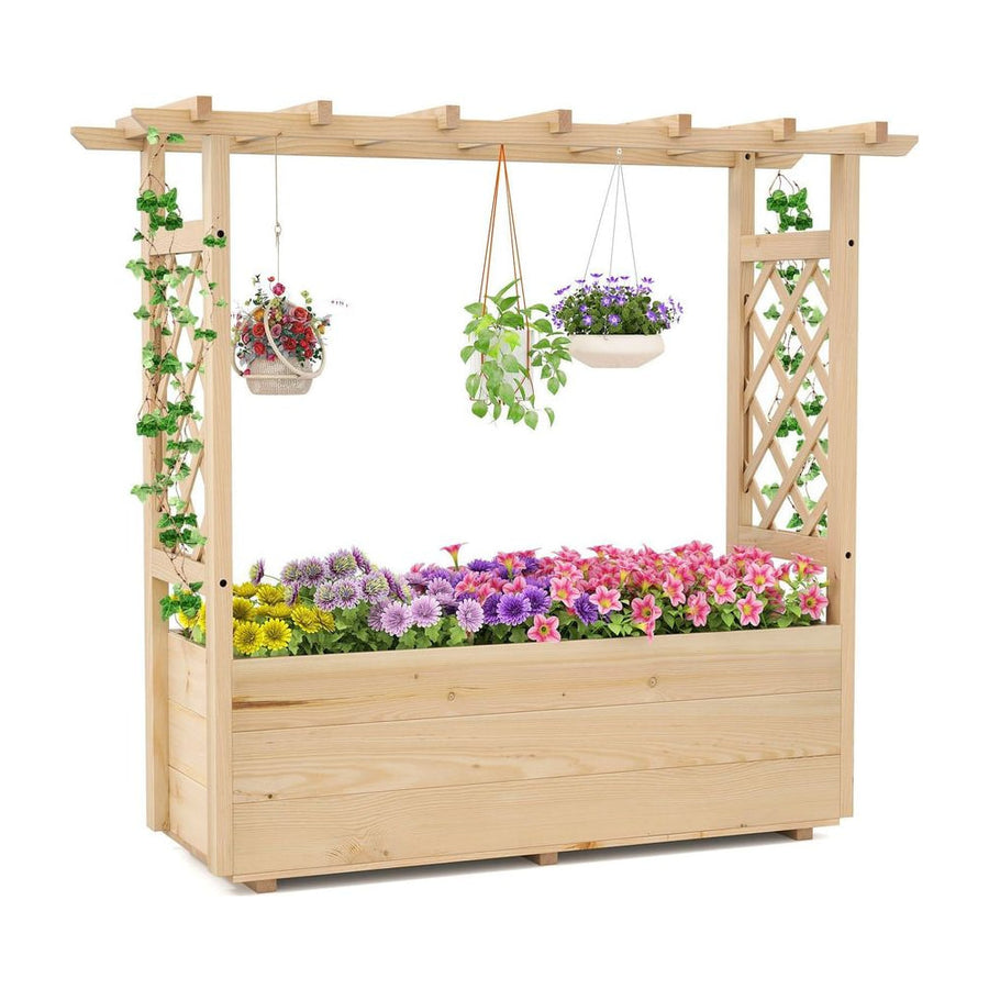 Raised Garden Bed with Lattice Trellises Hanging Roof Drainage-L