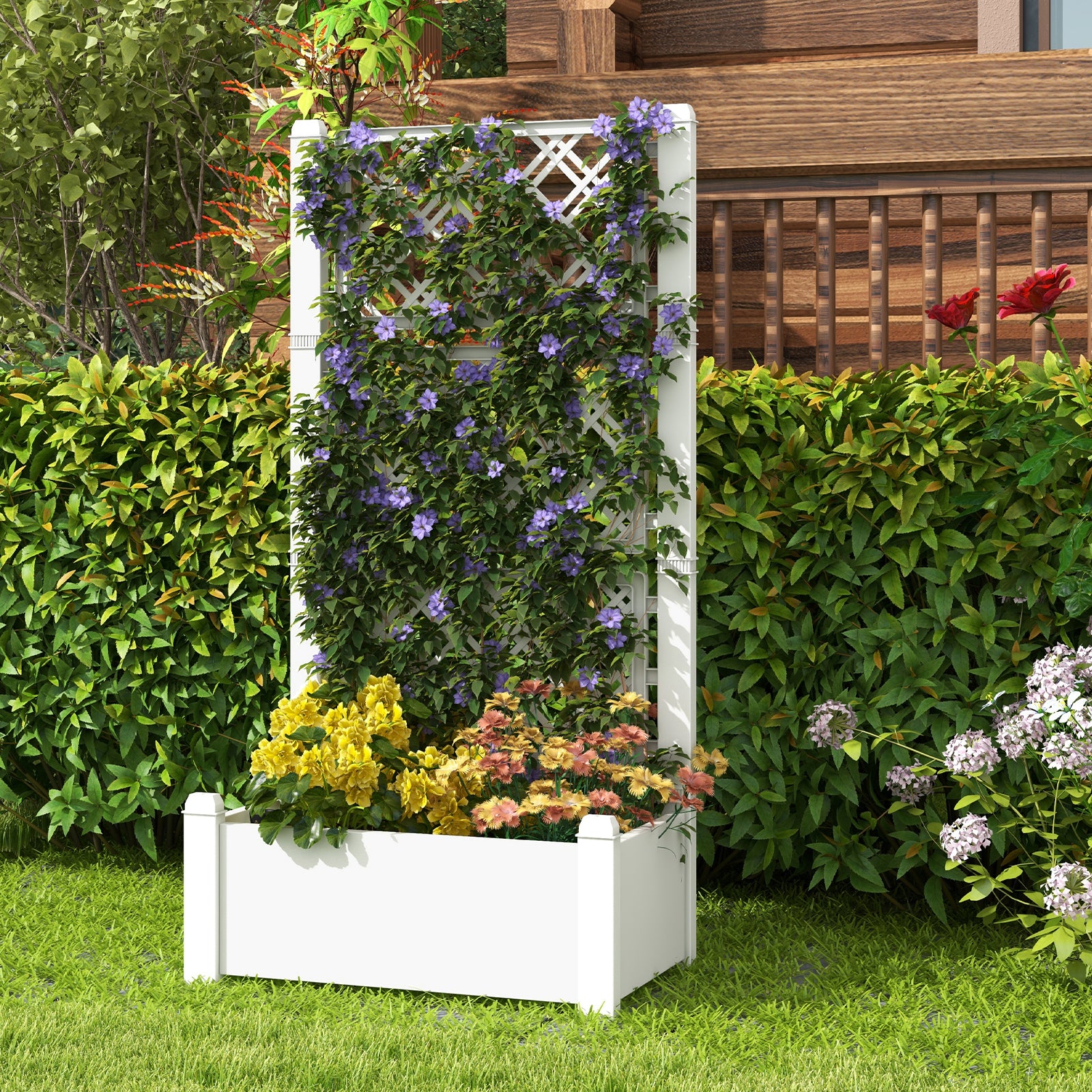 Self-Watering Standing Planter Box Lattice Panels for Vine Climbing Fruits Vegetables-White