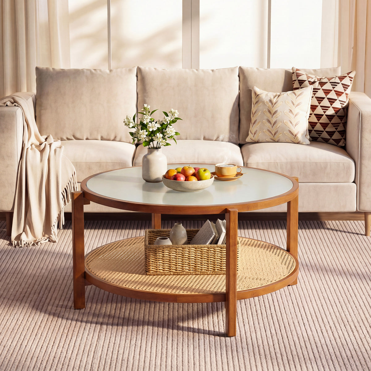 Rattan Coffee Table with Tempered Glass Top for Living Room-Walnut