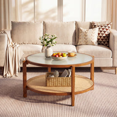 Rattan Coffee Table with Tempered Glass Top for Living Room-Walnut