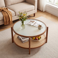Rattan Coffee Table with Tempered Glass Top for Living Room-Walnut
