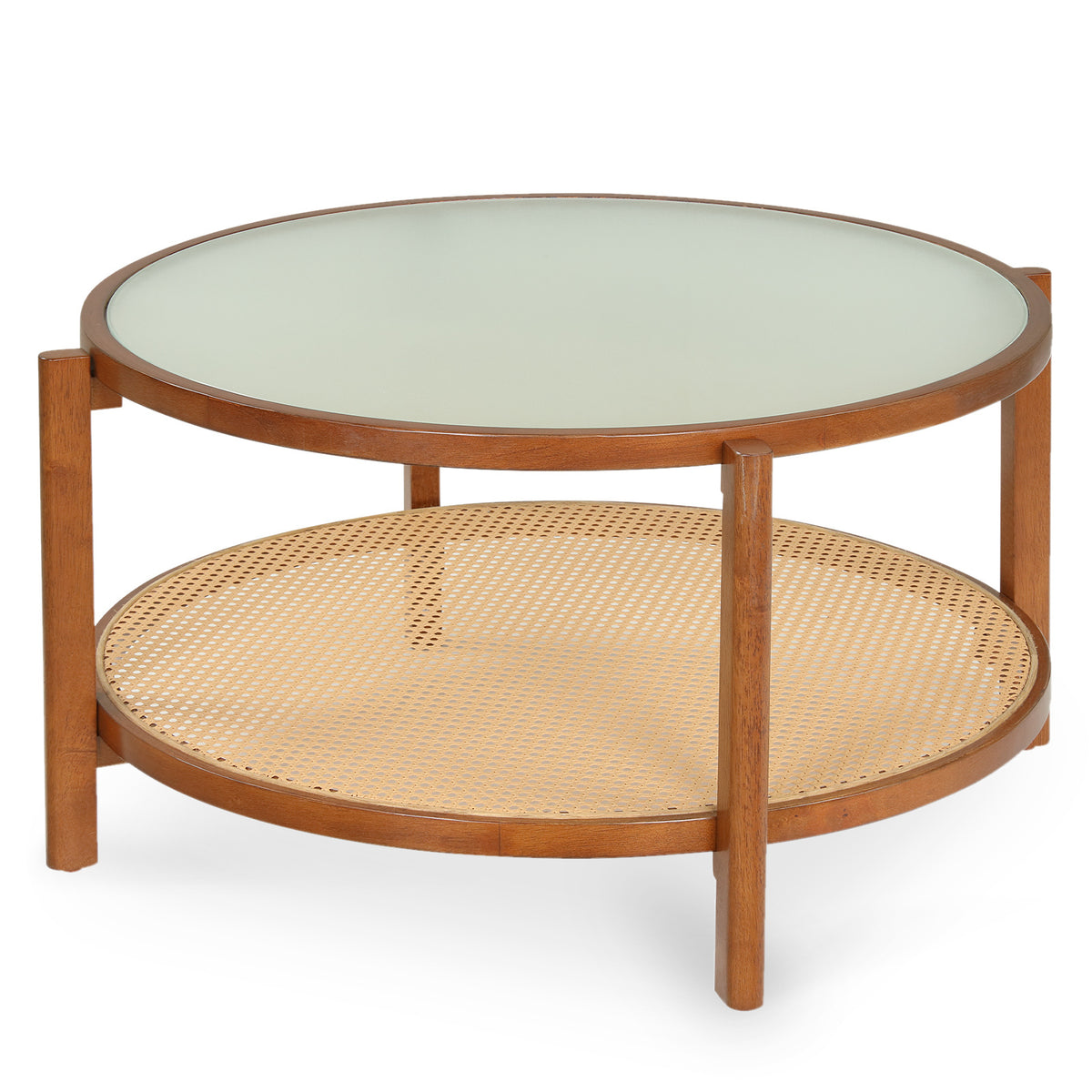 Rattan Coffee Table with Tempered Glass Top for Living Room-Walnut
