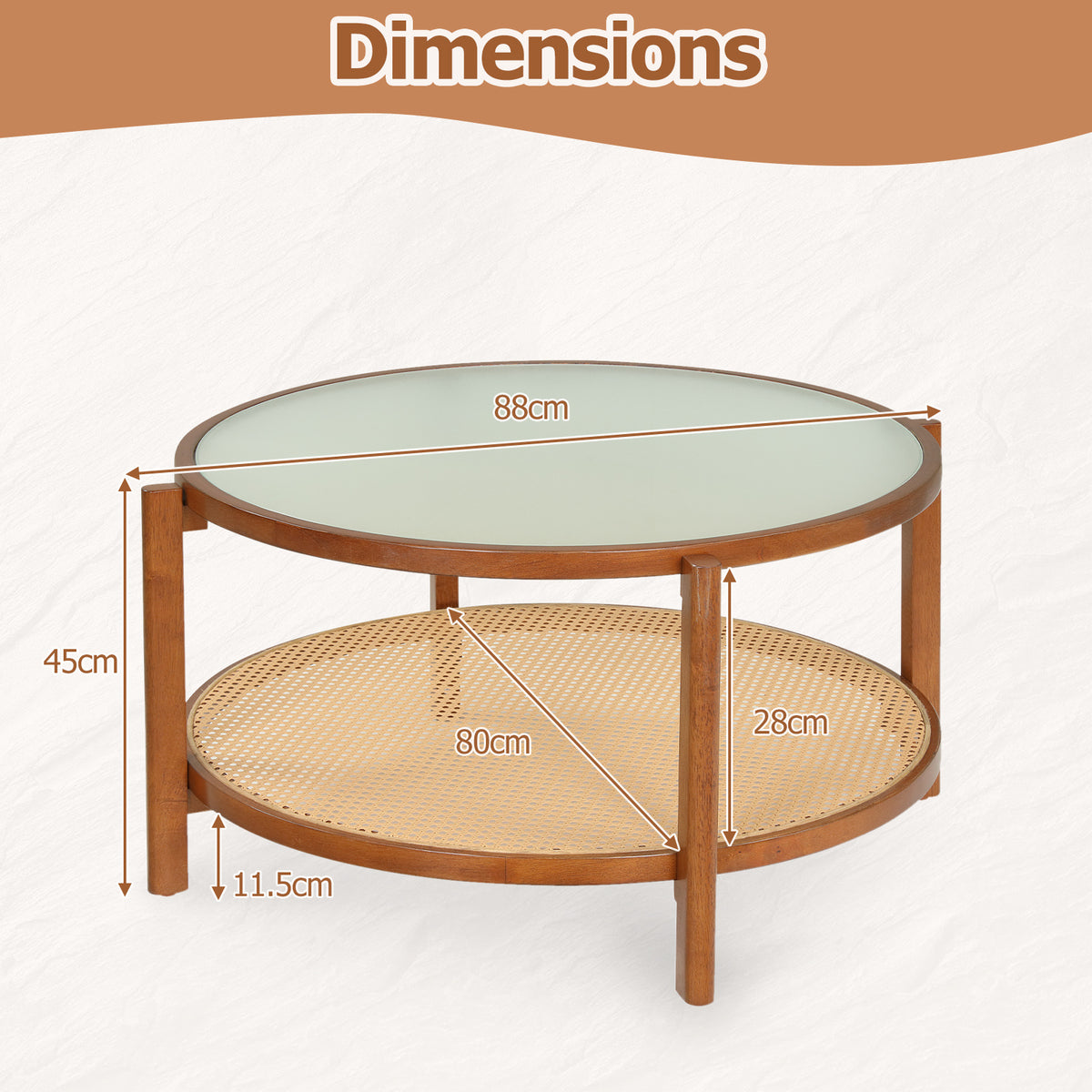 Rattan Coffee Table with Tempered Glass Top for Living Room-Walnut