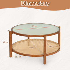 Rattan Coffee Table with Tempered Glass Top for Living Room-Walnut
