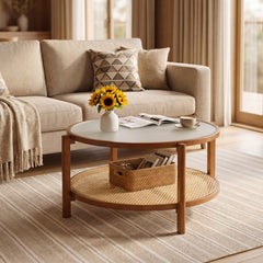 Rattan Coffee Table with Tempered Glass Top for Living Room-Walnut