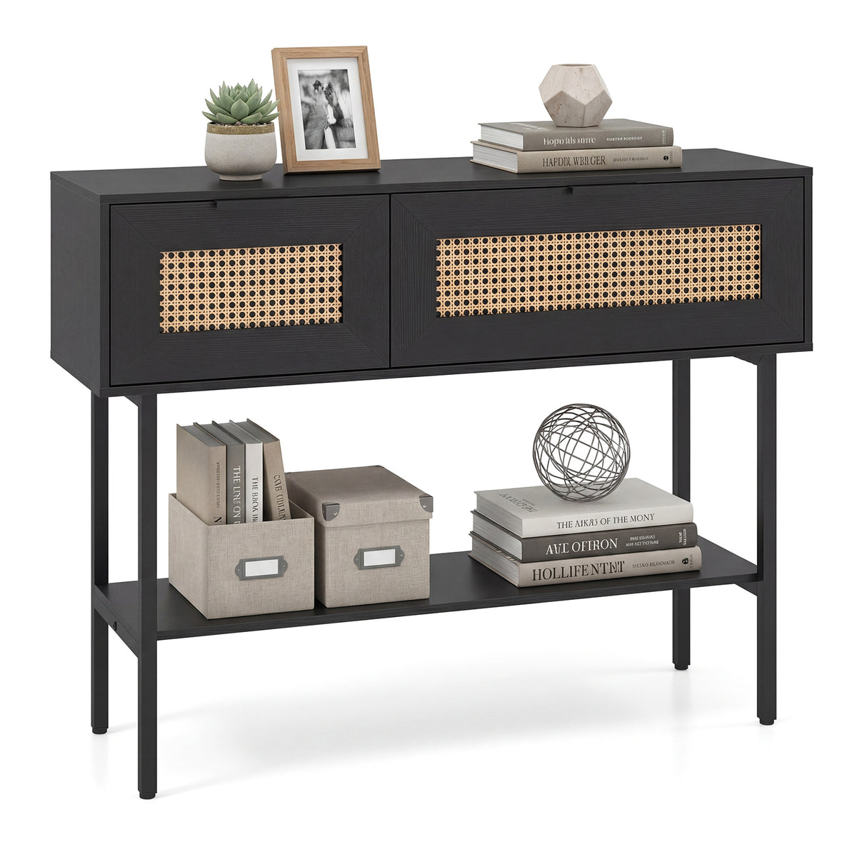 Rattan Console Table Boho Entryway Table with Flip Doors-Black