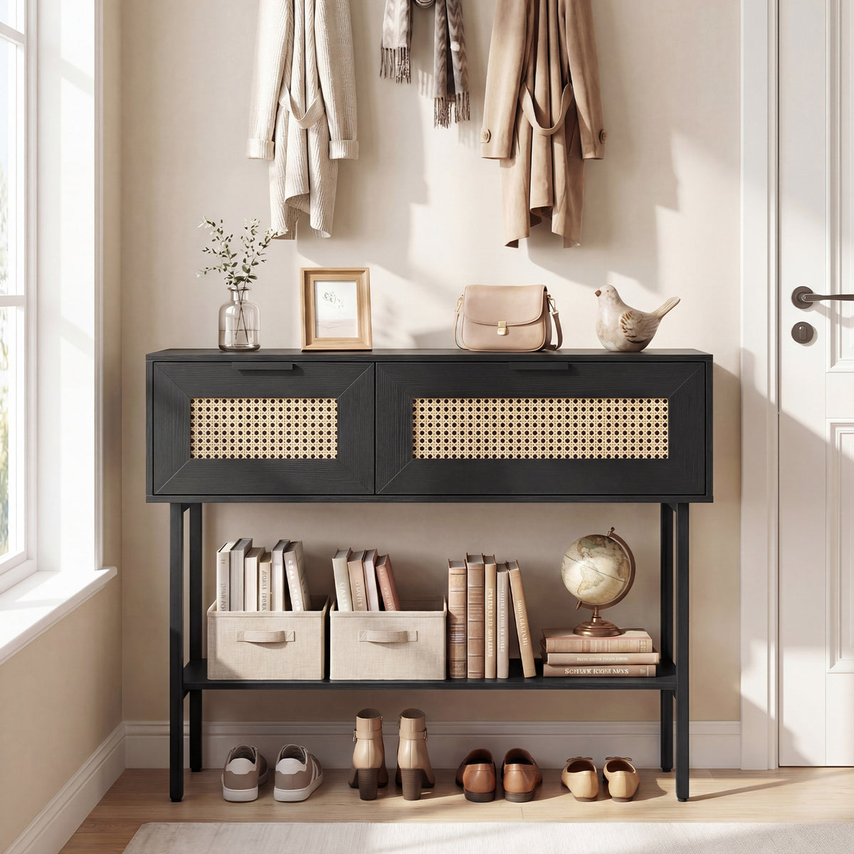 Rattan Console Table Boho Entryway Table with Flip Doors-Black