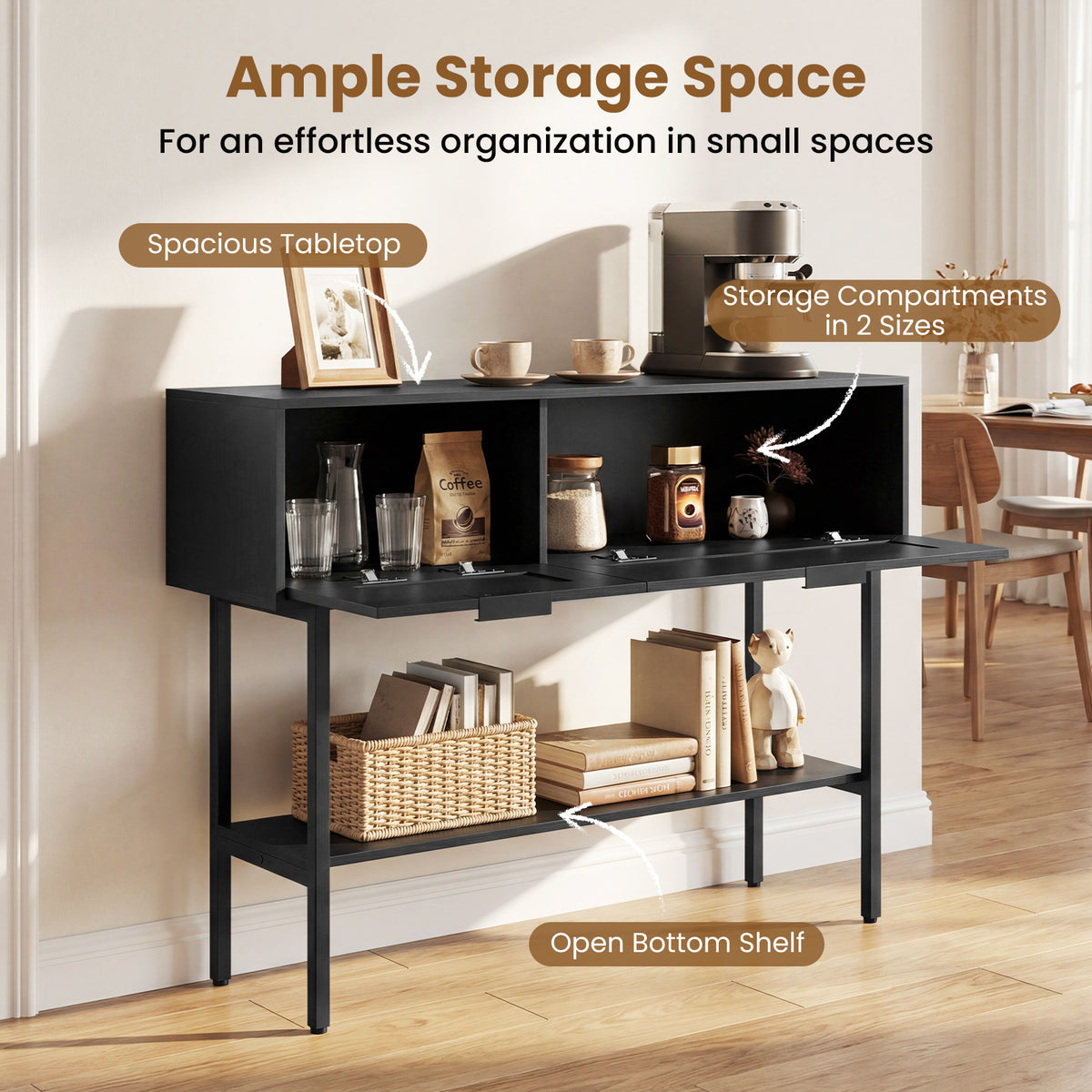 Rattan Console Table Boho Entryway Table with Flip Doors-Black