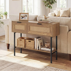Rattan Console Table Boho Entryway Table with Flip Doors-Natural