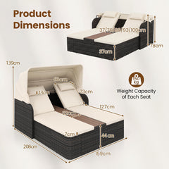 Rattan Double Daybed with Retractable Sunshade and Adjustable Backrests-Beige