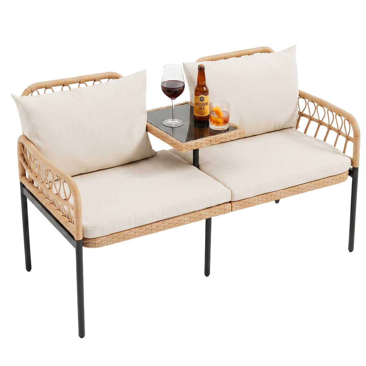 Rattan Jack and Jill Seat with Built-In Table and Cushions for Patio Balcony-Beige