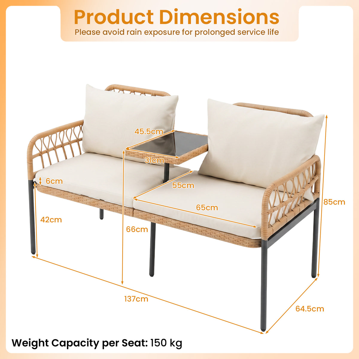 Rattan Jack and Jill Seat with Built-In Table and Cushions for Patio Balcony-Beige