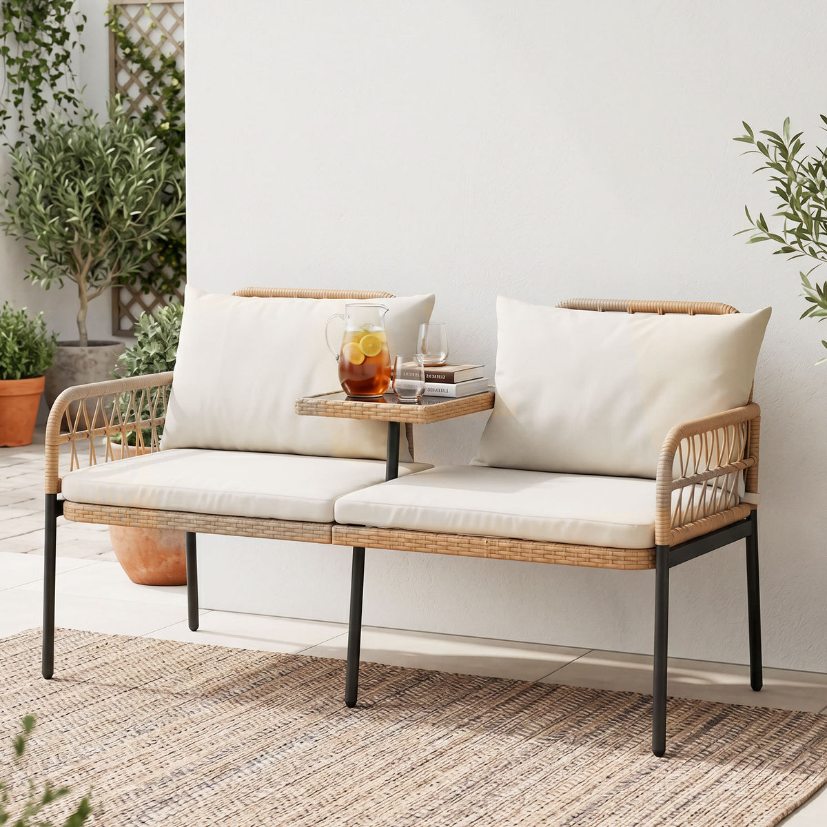 Rattan Jack and Jill Seat with Built-In Table and Cushions for Patio Balcony-Beige