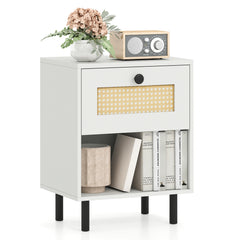 Rattan Nightstand Boho Style Bedside Table with Drawer and Open Storage Shelf-White