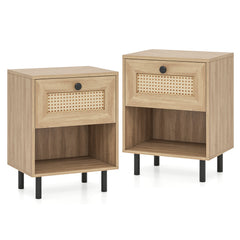 Rattan Nightstand with Drawer and Open Storage Shelf for Living Room Set of 2-Natural