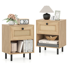 Rattan Nightstand with Drawer and Open Storage Shelf for Living Room Set of 2-Natural